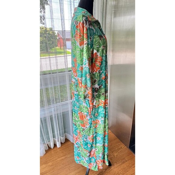 Vintage 1970s robe, bold orange green blue floral, nylon house dress, front zip - Picture 5 of 10
